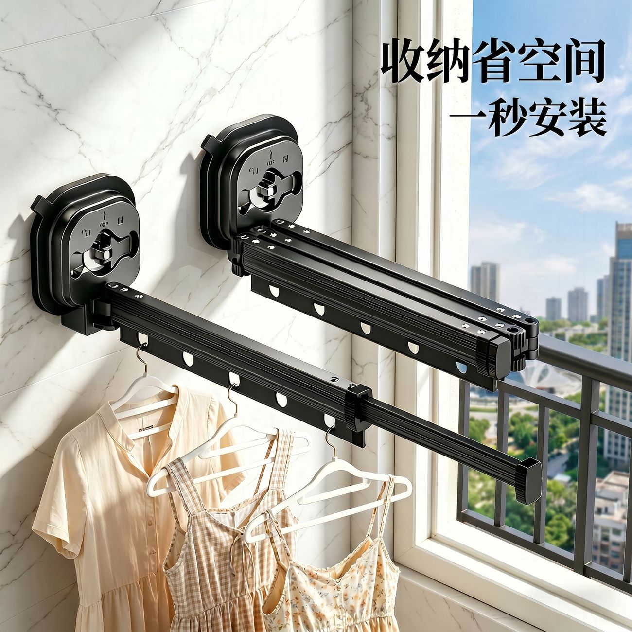 家用吸盘折叠晾衣架室内窗户免打孔晾衣杆架隐形伸缩神器阳台晾晒图片