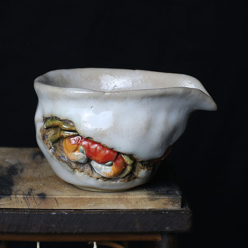 手作收藏天神蟹杯 志野烧螃蟹茶杯宝瓶公道杯 日式水月烧乐山二六