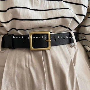 必入！方扣皮带宽版ins风针扣光面简约百搭二层牛皮复古真皮腰带