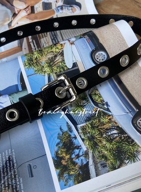 黑色柳钉~皮带女免打孔二层牛皮腰带夏季时尚百搭全孔裤带黑