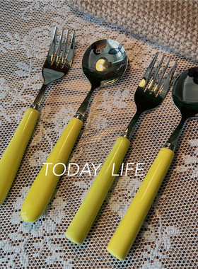 外贸出口 简约风！中号！彩色黄色陶瓷手柄不锈钢餐具圆勺更茶勺