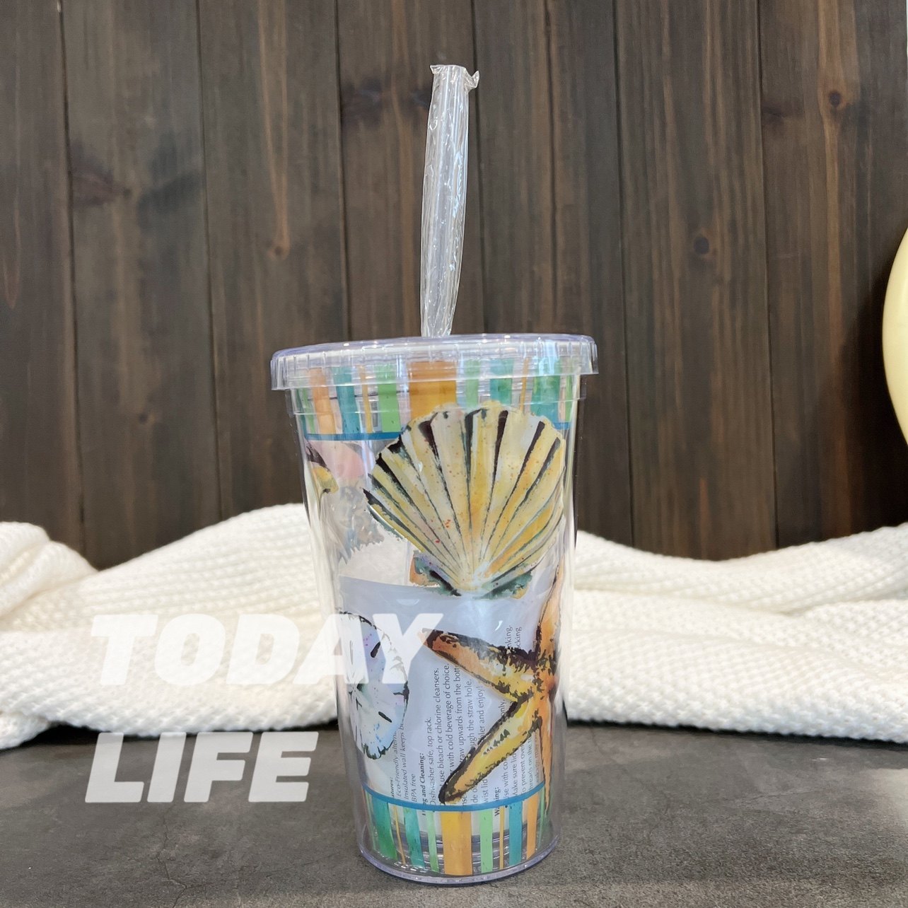 地中海 海星贝壳亚克力双层吸管杯 奶茶冷饮杯果汁杯星冰乐杯