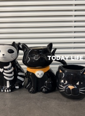 外贸出口 孤品 暗黑系黑猫咪陶瓷马克杯 水杯 可当笔筒装饰摆件
