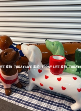 外贸孤品腊肠狗陶瓷烛台牙刷架