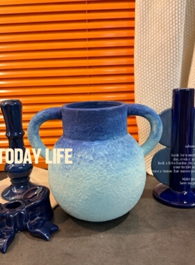 外贸尾单孤品 法式侘寂风 复古蓝色系 蓝调花瓶 烛台 装饰摆件