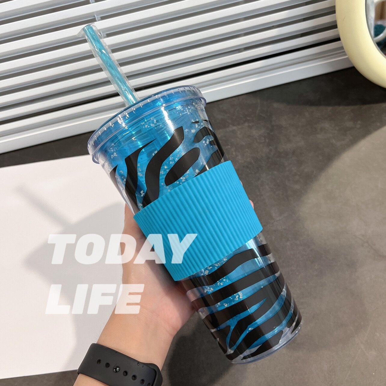 外贸尾货 蓝色斑马纹亚克力双层吸管杯冷饮杯 星冰乐杯 奶茶杯