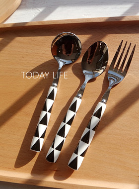 中号 西餐具北欧黑色三角餐具刀叉勺精品饭勺叉子陶瓷柄304不锈钢