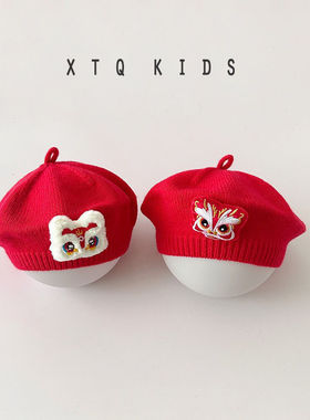 婴幼儿帽子秋冬季男女宝宝红色贝雷帽可爱超萌新年红色毛线帽针织