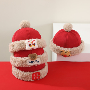 婴儿帽子秋冬护耳帽宝宝红色新年包耳帽儿可爱超萌福兔毛绒帽百天