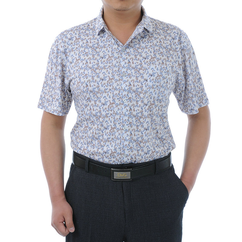 清仓夏季短袖衬衫男时尚印花中年男士短袖丝光棉衬衣休闲爸爸装薄