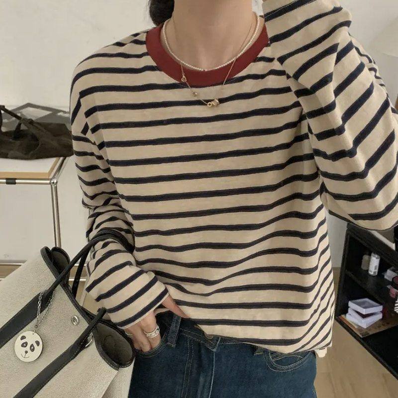 波尔多红撞色高品质领边雪花棉条纹长袖T恤 秋季韩系美搭打底衫女