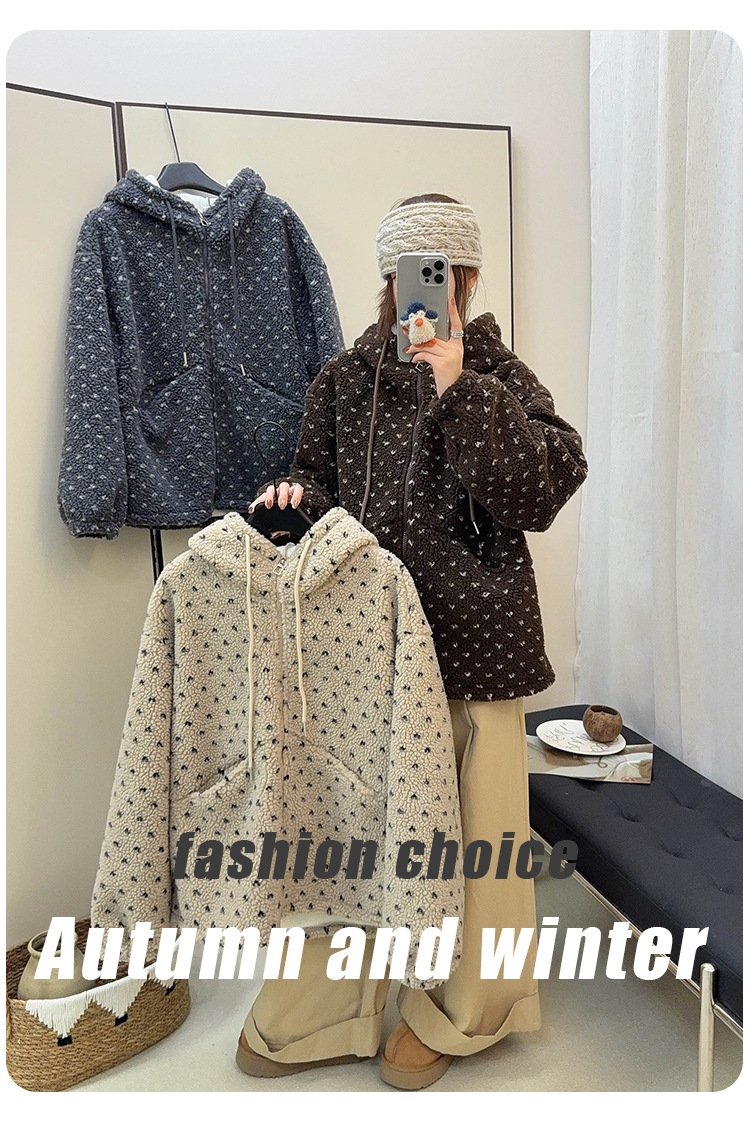 韩代爆款重磅爱心提花羊羔毛连帽拉链外套女冬季新宽松加厚棉衣