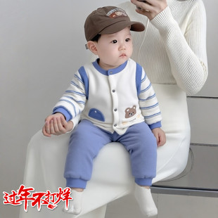 薄夹棉衣服分体春秋冬款男宝宝装帅气0一1岁婴儿套装保暖外出服季