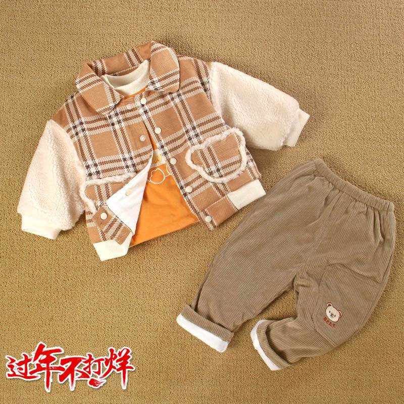 0一1岁男宝宝春装外出分体帅气秋冬款婴儿薄夹棉衣服三件套装季潮