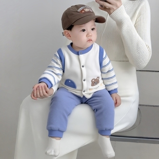 薄夹棉衣服分体春秋冬款男宝宝装帅气0一1岁婴儿套装保暖外出服季