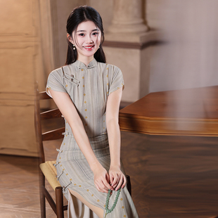 2026新款天丝麻灰色直襟新中式国风复古禅意茶服修身文艺长款旗袍