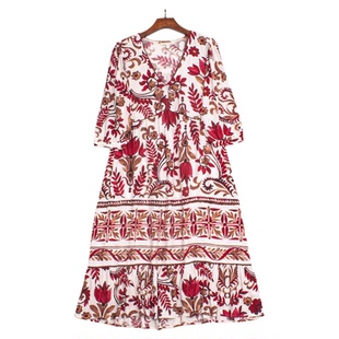 度假裙 宽松显瘦中长款 波西米亚风红白花卉V领棉麻连衣裙 七分袖