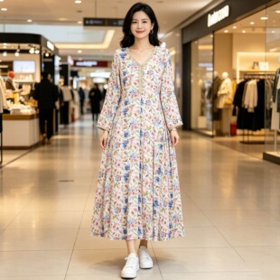 外贸单 法式温柔风碎花连衣裙女 夏季V领长袖大摆裙度气质长裙