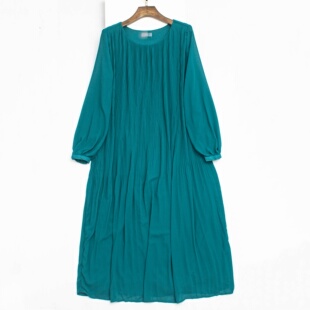 外贸单 青绿色长袖百褶连衣裙女 中长款显瘦气质纯色褶皱长裙