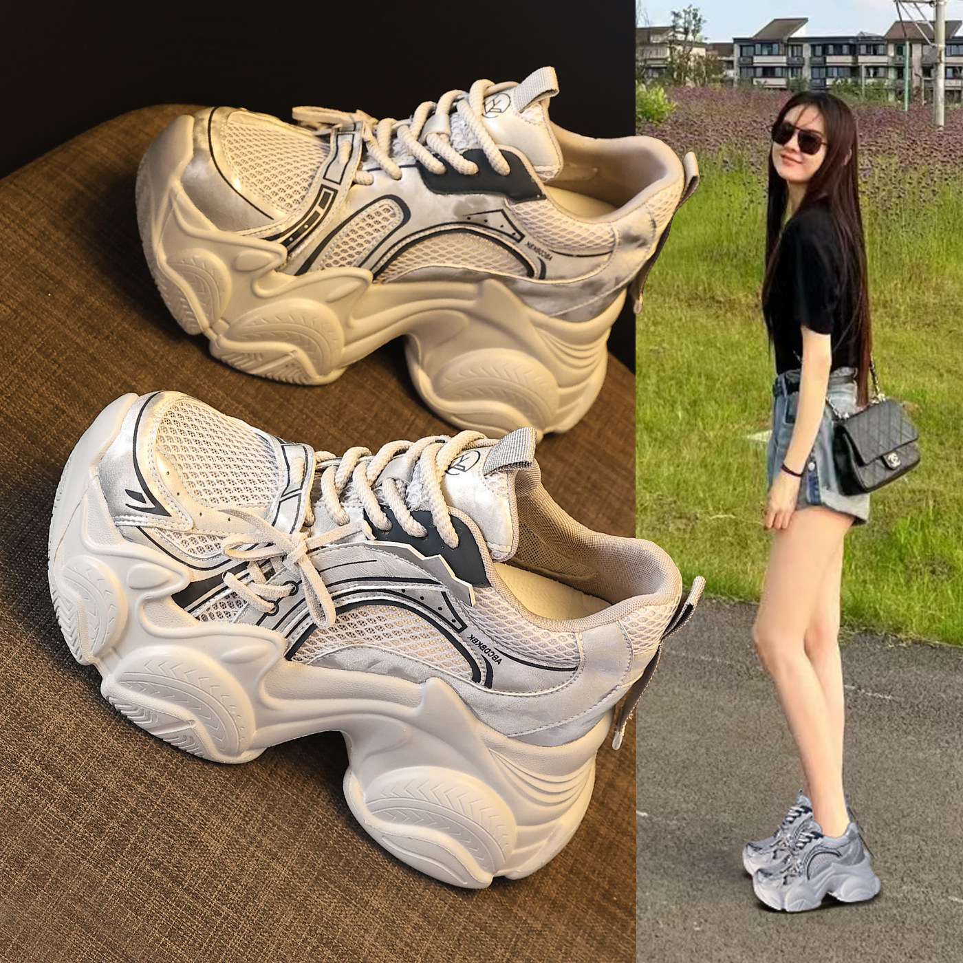 厚底内增高爆款网面老爹鞋女新款夏季透气时尚小个子休闲运动单鞋