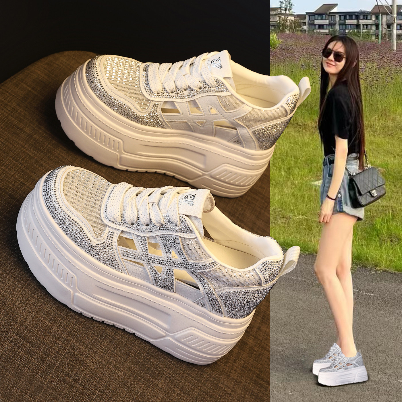 厚底网面镂空透气小白鞋女2026新款夏季薄款时尚内增高松糕休闲鞋