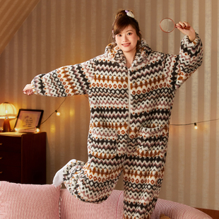 连体睡衣秋冬季 女加绒加厚舒棉绒连帽睡袍可爱卡通可外穿家居服