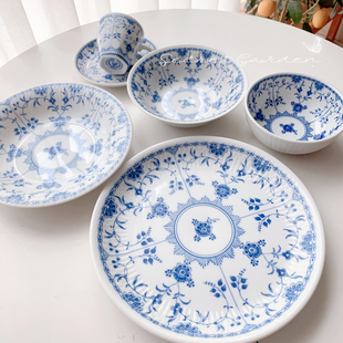 现货日本进口美浓烧陶瓷釉下彩哥本哈根复古蕾丝唐草碟盘子碗餐具