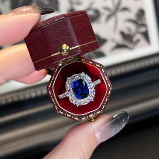 复古高级感蓝宝石戒指女3克拉长方形皇家蓝人工合成仿真925银彩宝