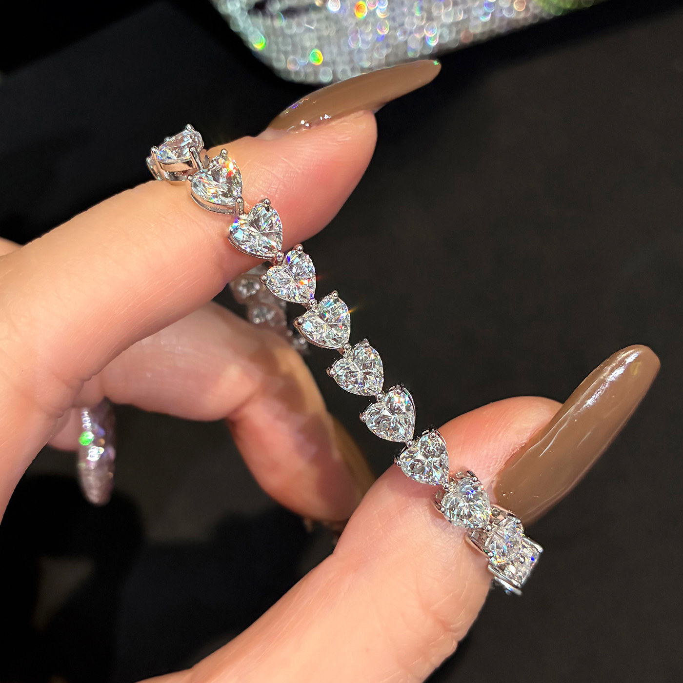 高级感超闪50分心形钻石手链女925银满钻爱心人工仿真钻奢华首饰