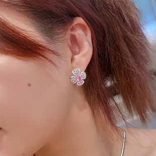 高级感帕帕拉恰花朵粉钻耳钉女士925纯银镶钻满钻甜美四叶草耳饰