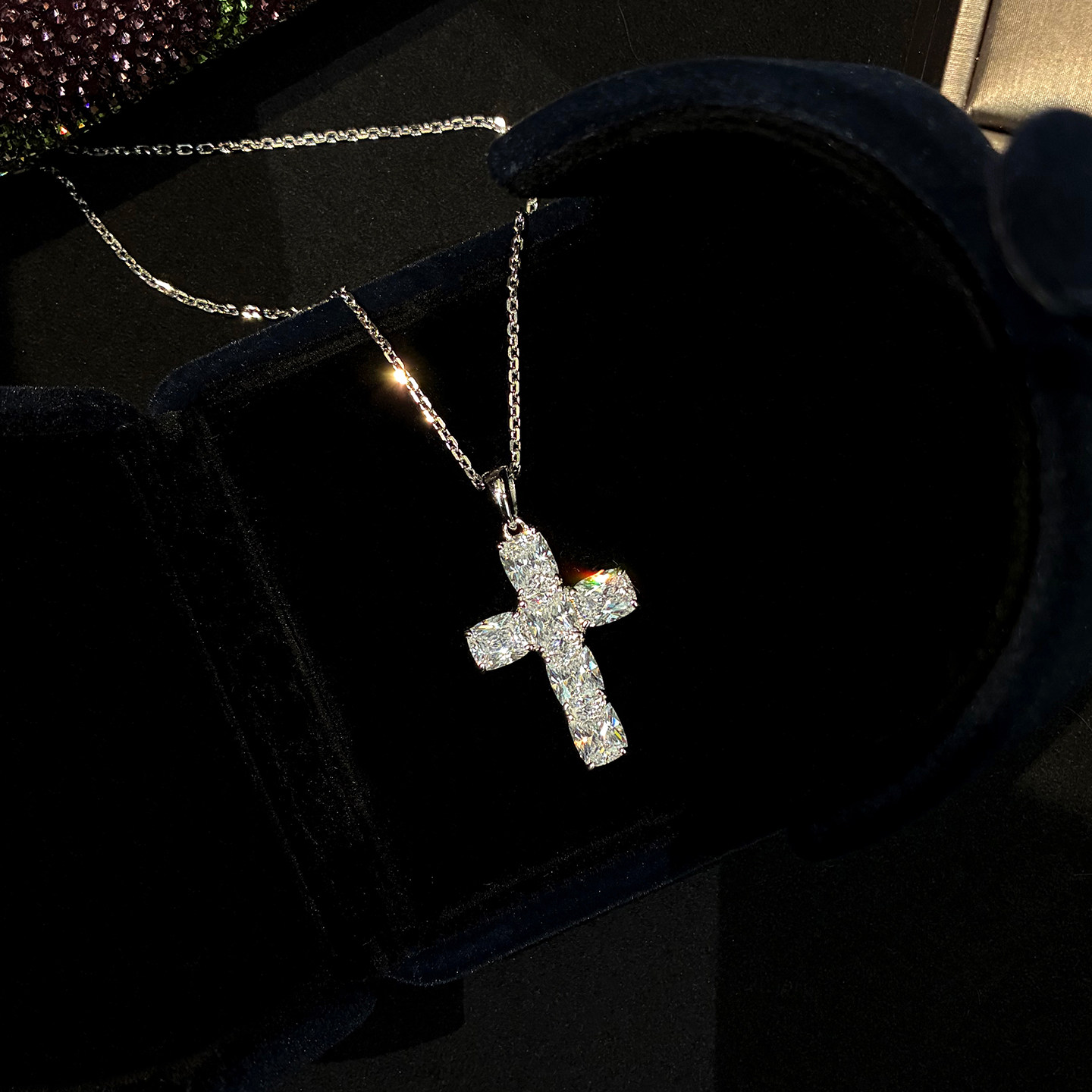 925纯银超闪人工仿真钻十字架钻石项链男女情侣款时尚叠戴锁骨链