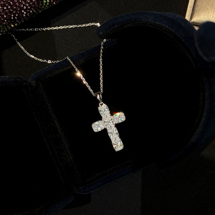 925纯银超闪人工仿真钻十字架钻石项链男女情侣款时尚叠戴锁骨链