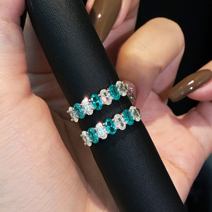 叠戴钻戒30分半圈椭圆形彩宝排戒排钻帕拉伊巴戒指女925银鸽子蛋