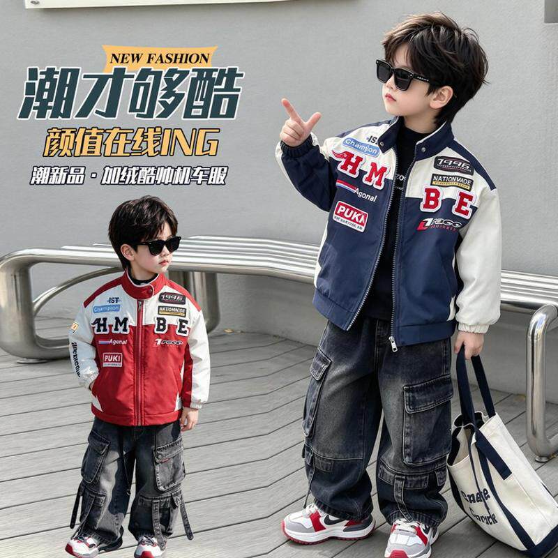 男童冬装贴标机车服加绒款韩版儿童帅气加厚外套中小童痞帅上衣