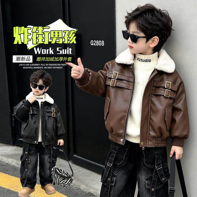 男童冬装加绒皮衣外套韩版儿童加厚潮酷机车服夹克中小童衣服跨境