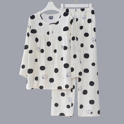 棉绸睡衣女长袖洋气套装