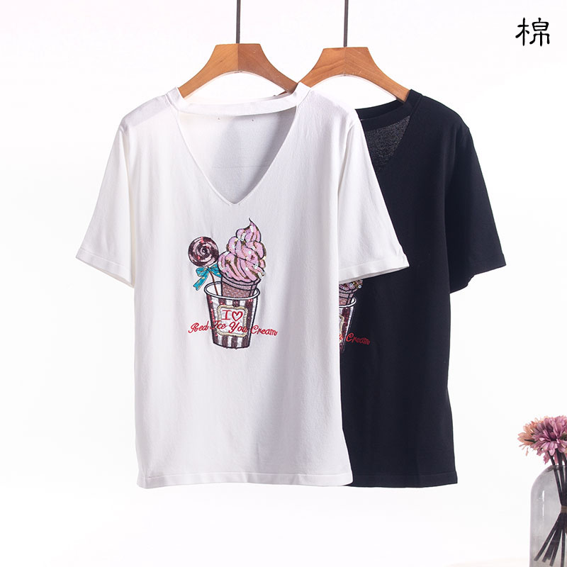 外贸女装高品质针织衫夏季薄款短袖冰激凌亮片绣花休闲百搭T恤衫
