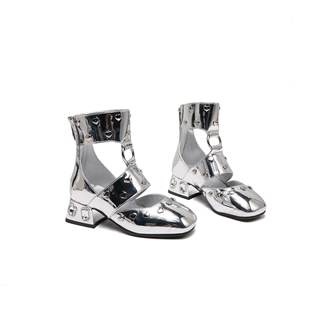 亮皮漆皮鞋 马丁靴舞台时尚 铆钉高跟玛丽珍矮款 女童原创设计走秀鞋