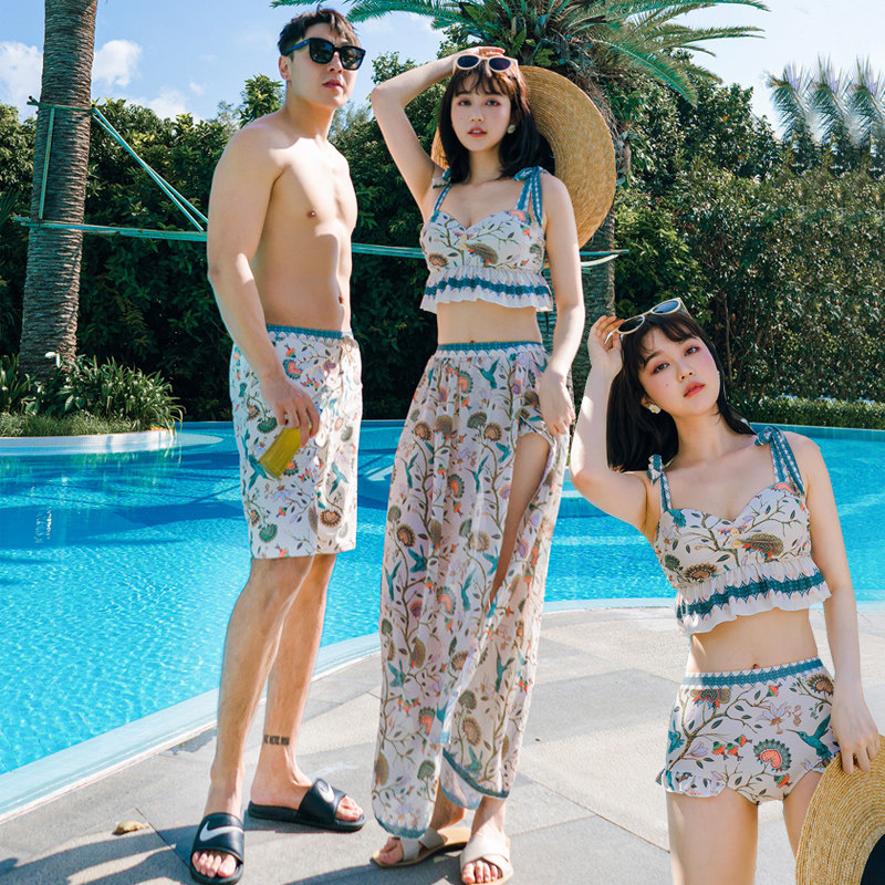 钢托聚拢女比基尼保守三件套泳装清新印花海边沙滩度假情侣款泳衣