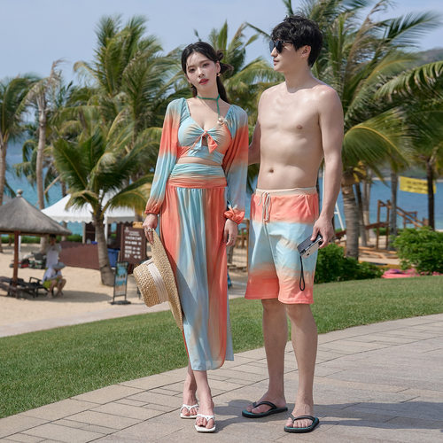 时尚防晒长袖小胸聚拢保守比基尼三件套情侣游泳衣男沙滩裤女泳装