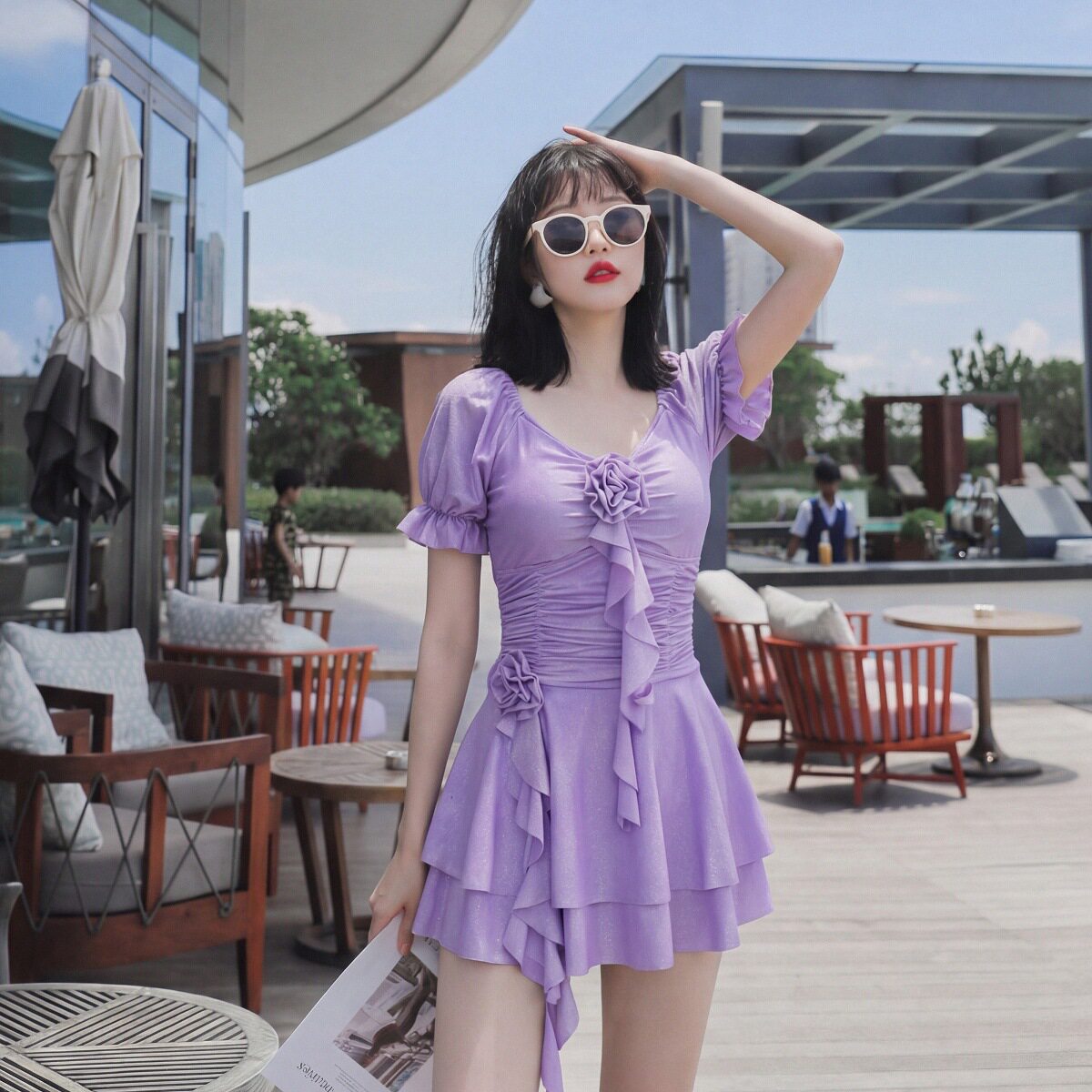 时尚2026年新款紫色显瘦遮肚小胸聚拢平角裤连体泳衣沙滩温泉泳装