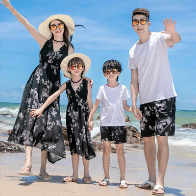 沙滩度假黑色显瘦印花V领雪纺母女裙时尚一家三口夏季亲子情侣装