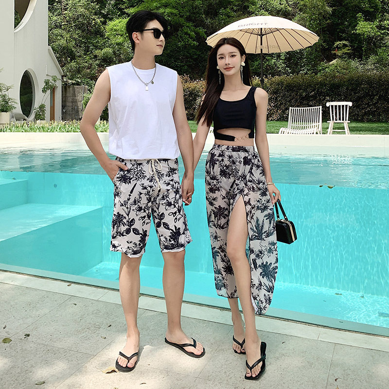 时尚情侣游泳衣新款半截背心小胸聚拢保守女士分体泳衣男士沙滩裤