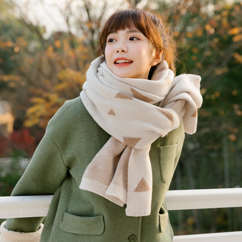 ins韩版冬天保暖小清新软妹百搭围脖学生几何双面针织围巾少女心