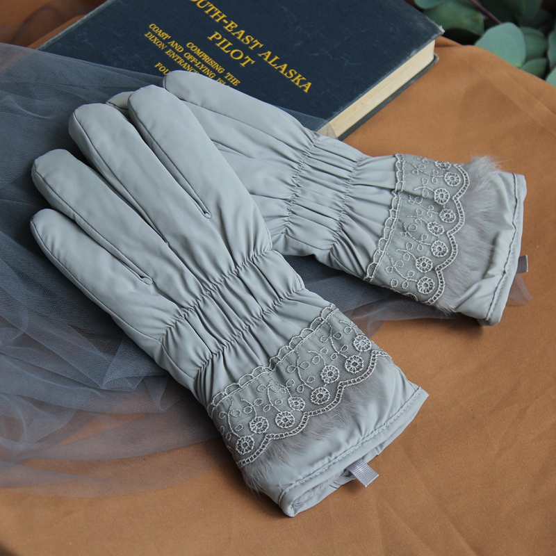 韩版冬季骑车防风防寒加绒棉五指女保暖触屏手套滑雪防水修手蕾丝