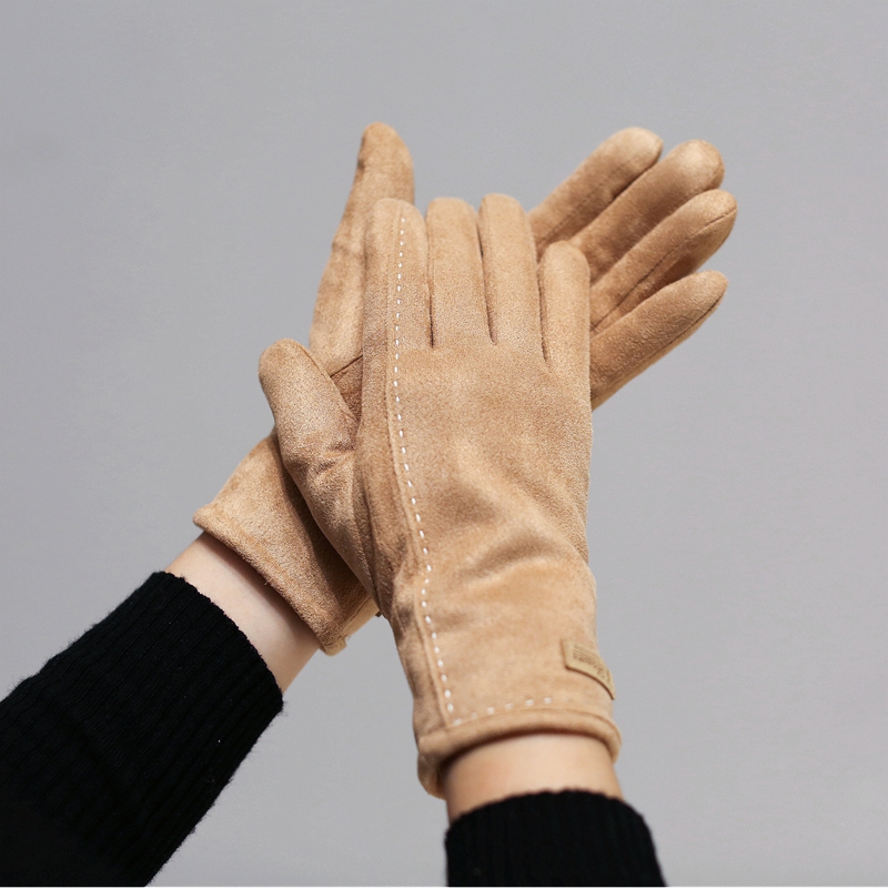 显气质简洁女式触屏手套冬季复古麂皮绒防寒保暖加绒贴肤修饰手型