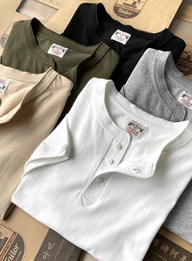 日系复古！亨利领 260克重磅阿美咔叽夏季男士V领短袖T恤潮13014
