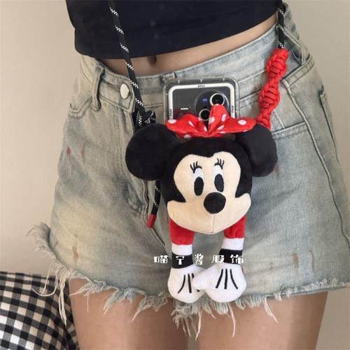 新款波点蝴蝶结米妮毛绒挂件可爱卡通创意手机背夹可斜挎送人礼物