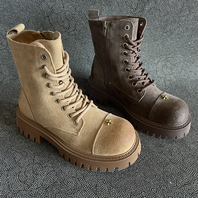 沙秀女鞋牛皮复古真皮加绒英伦风马丁靴女款2025新款系带圆头短靴