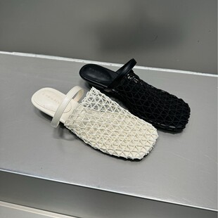 网面透气小猫跟黑色低跟3cm凉鞋方头编织穆勒鞋包头半拖鞋女外穿